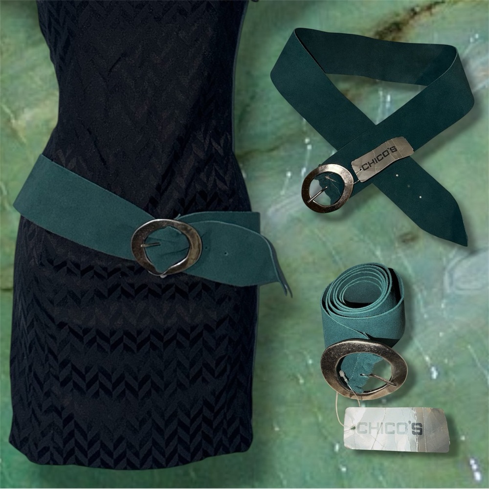 Vintage NWT Chico’s 100% Genuine Leather Teal Slouch Belt w/ Silver Buckle